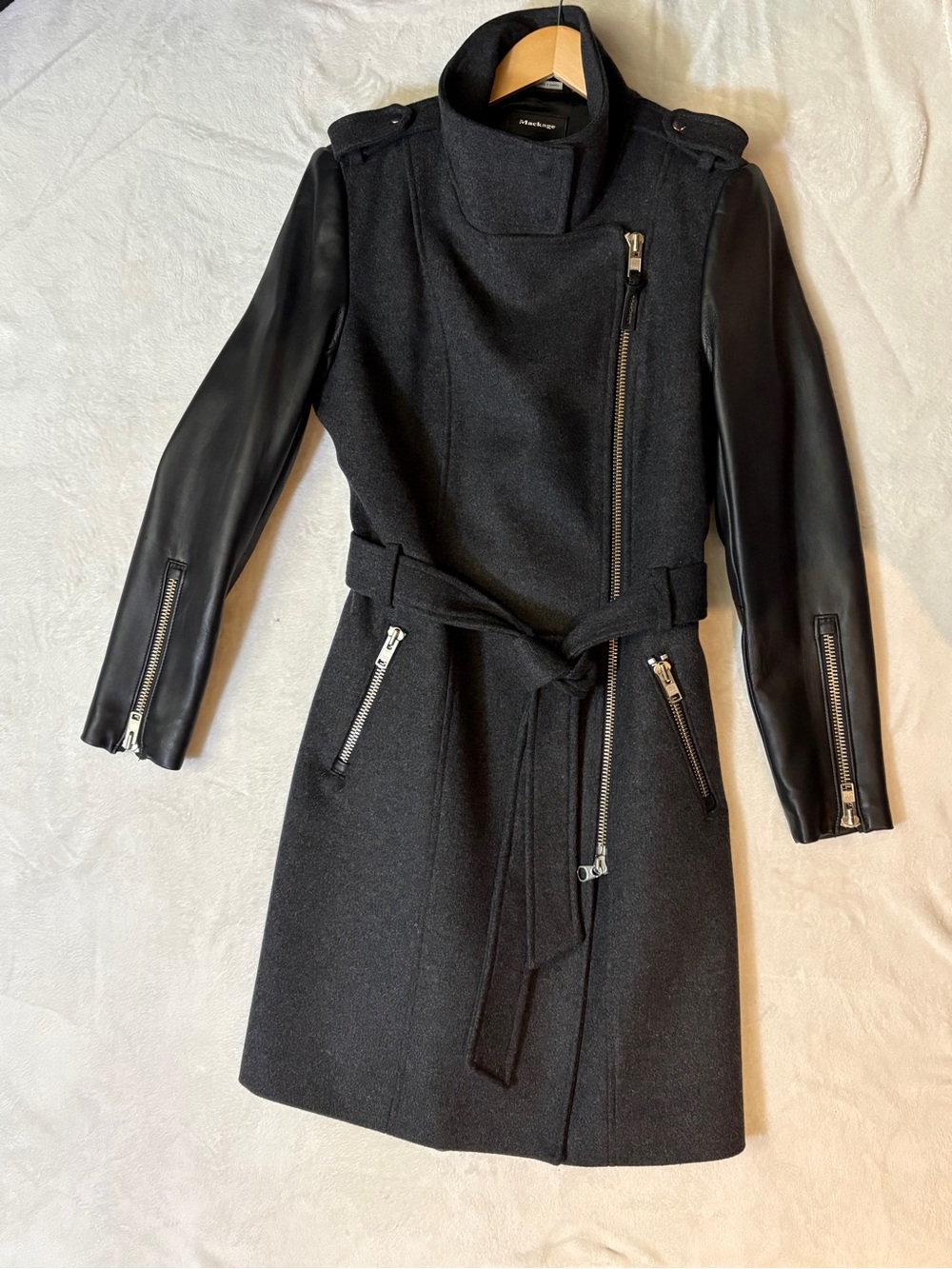 EUC Mackage Black Wool Trench Coat with Leather Sleeves
